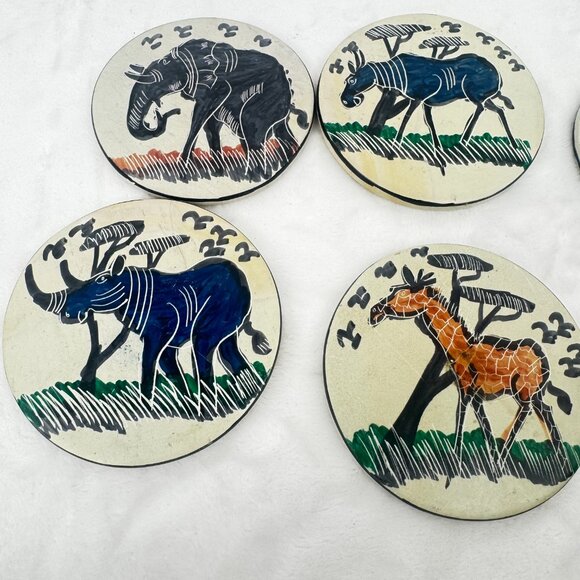 African Soap Stone 6 Coaster Set with Holder Hand Painted Safari Animal Art - Picture 7 of 11